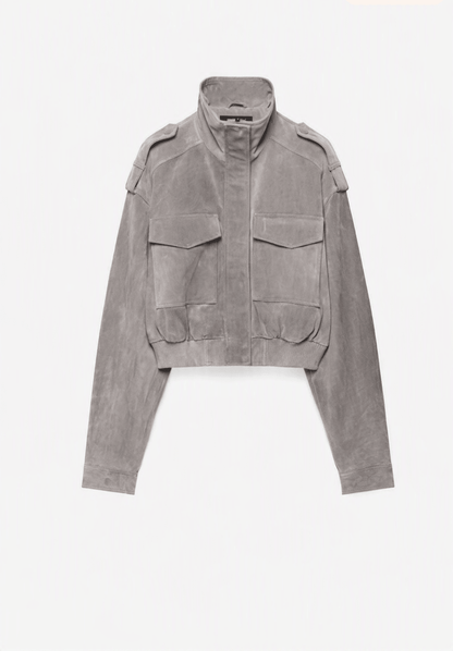 SOKYND Ava Suede Cropped Stand Collar Jacket JacketSOKYND-822167-GRE-L-82231GreyL