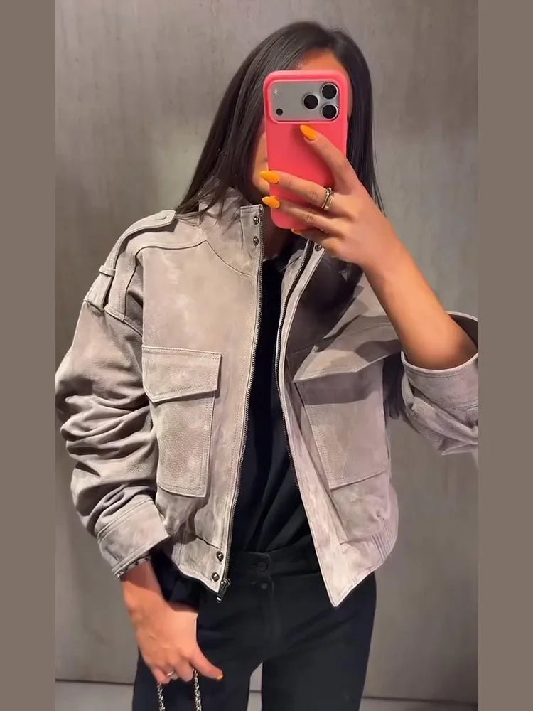 SOKYND Ava Suede Cropped Stand Collar Jacket JacketSOKYND-822167-GRE-M-49463GreyM