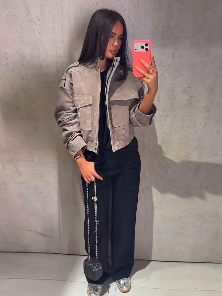 SOKYND Ava Suede Cropped Stand Collar Jacket JacketSOKYND-822167-GRE-M-49463GreyM