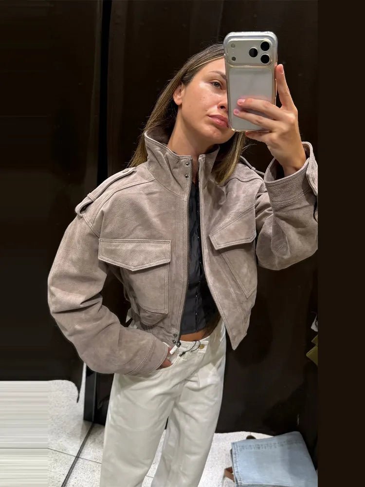 SOKYND Ava Suede Cropped Stand Collar Jacket JacketSOKYND-822167-GRE-S-16695GreyS