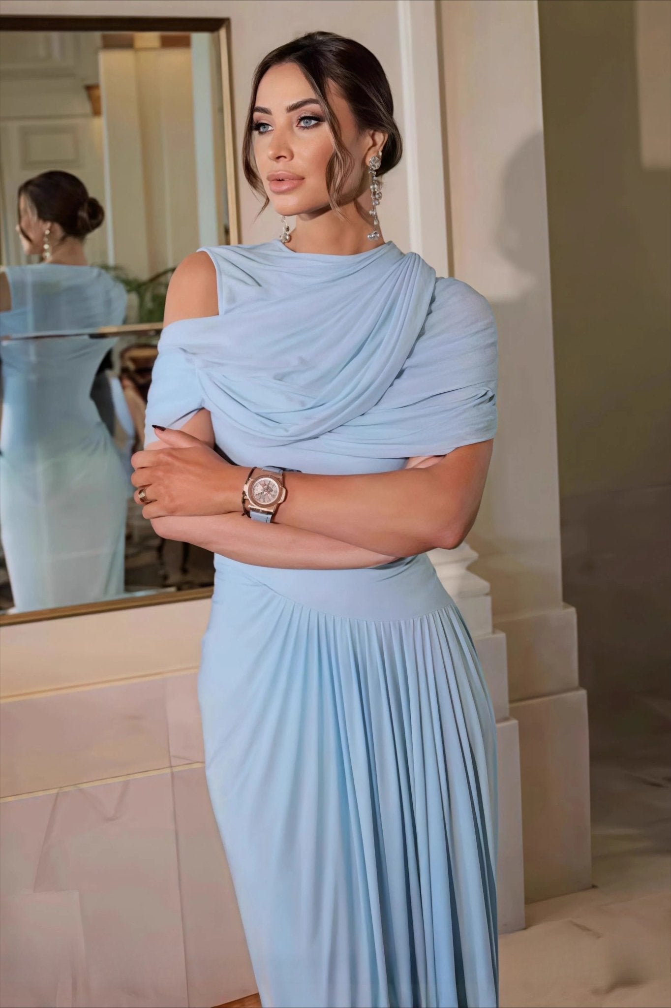 SOKYND Caprice Shawl Collar Ruffle Maxi Dress DressesJw1774526245051202096Light BlueL