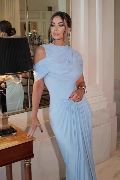 SOKYND Caprice Shawl Collar Ruffle Maxi Dress DressesOe1774526245051035317Light BlueS