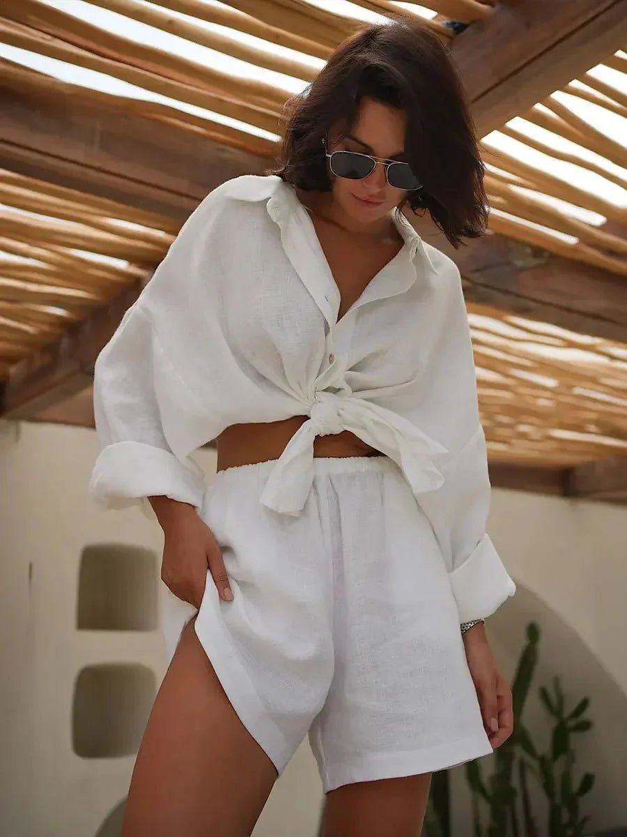 SOKYND Celeste Lapel Lantern Sleeve Shorts Set ShortsWhiteS