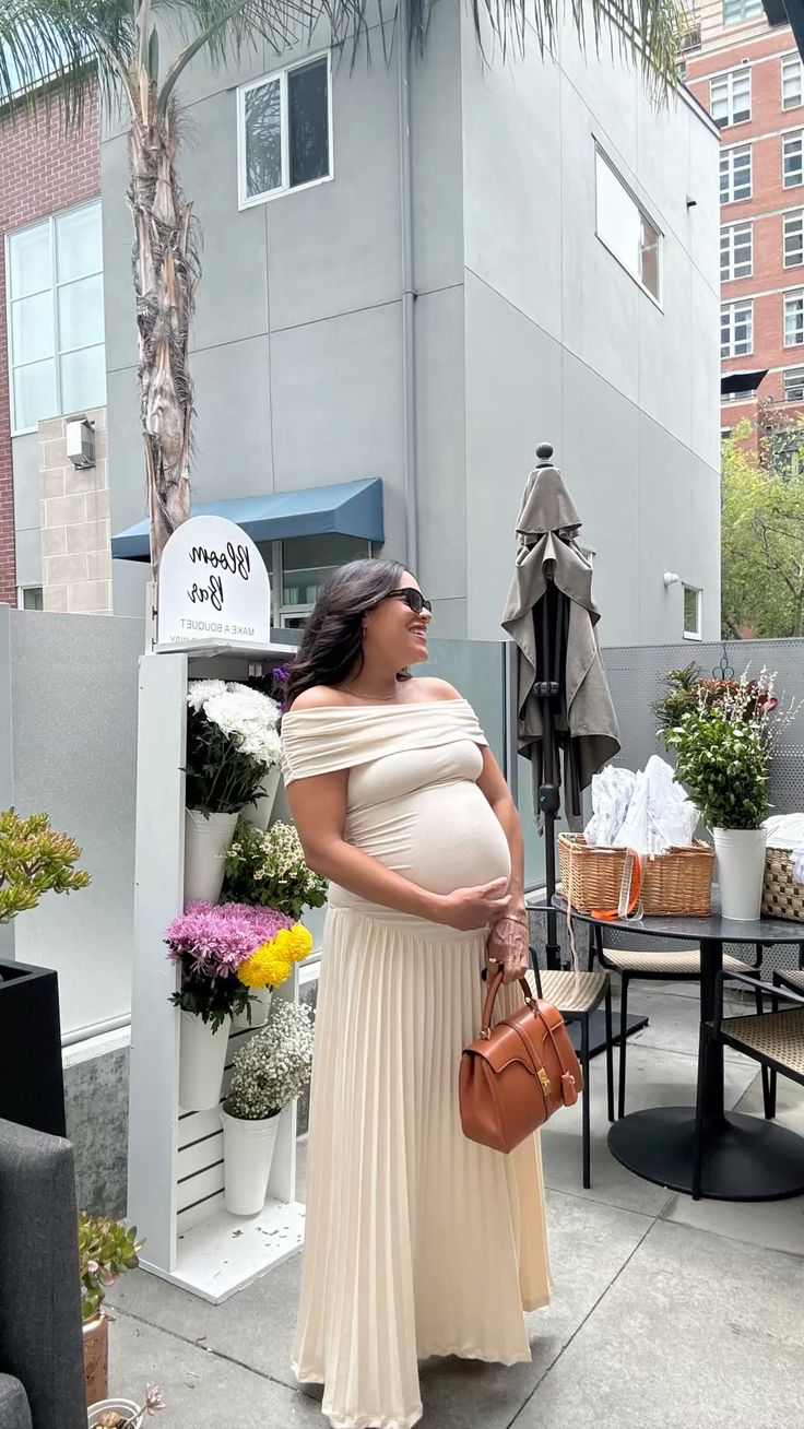 SOKYND Delilah Flowy Off - Shoulder Maternity Dress DressBeigeM
