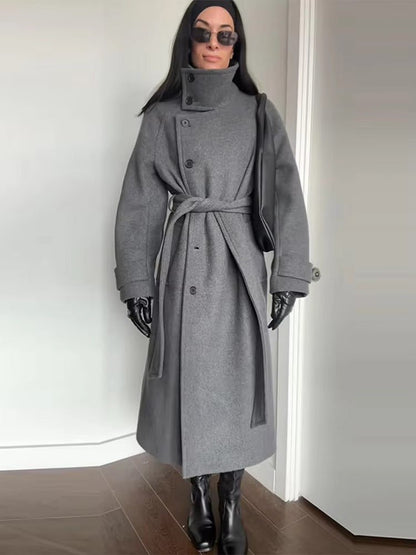 SOKYND Dolly Long Belted High Collar Coat Coats & JacketsXN1767625273837227710GreyM