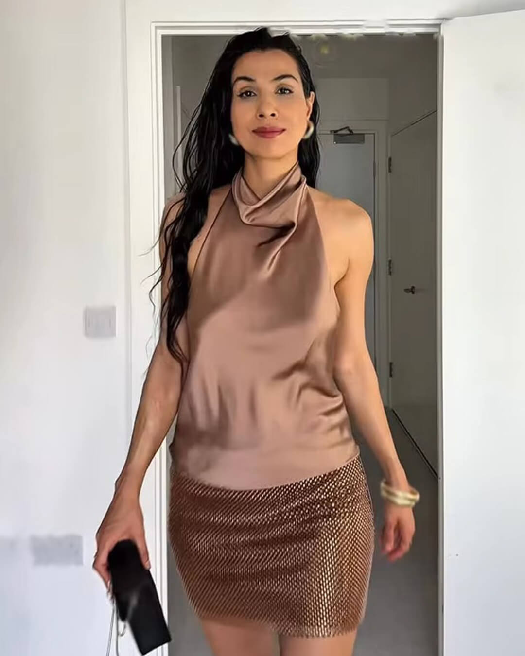 SOKYND Elaine Halter Backless Satin Top TopsCamelL
