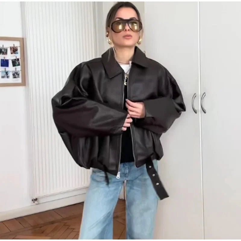 SOKYND Eliana Leather Moto Jacket Coats & JacketsBlackM