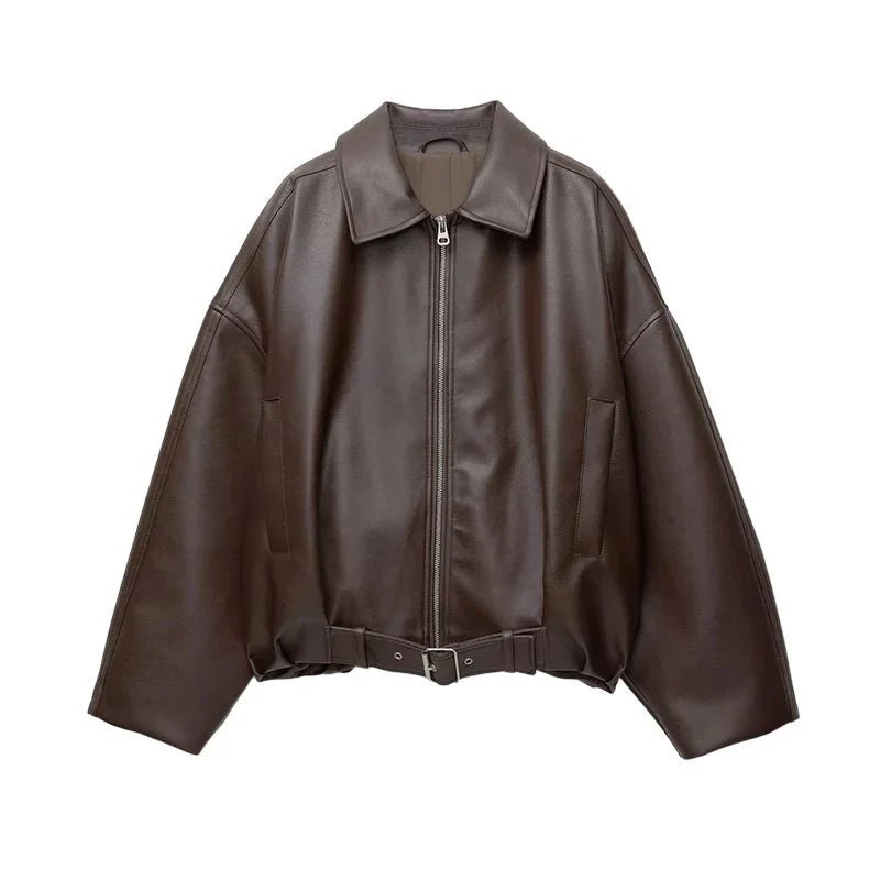 SOKYND Eliana Leather Moto Jacket Coats & JacketsBrownL