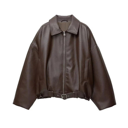 SOKYND Eliana Leather Moto Jacket Coats & JacketsBrownL