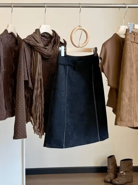 SOKYND Ellie Belted Faux Suede Midi Skirt SkirtBlackS