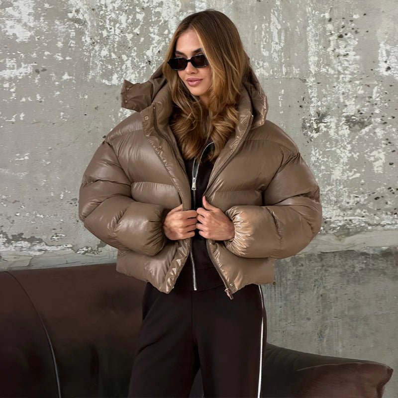 SOKYND Fiona Hooded Glossy Puffer Jacket JacketSOKYND-344727-BRO-S-62327BrownS