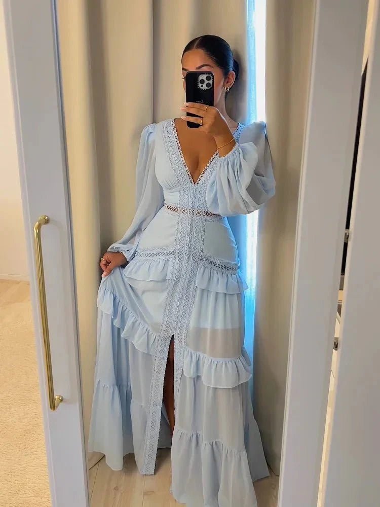 SOKYND Gemma Deep V - Neck Ruffle Maxi Dress DressLight BlueS