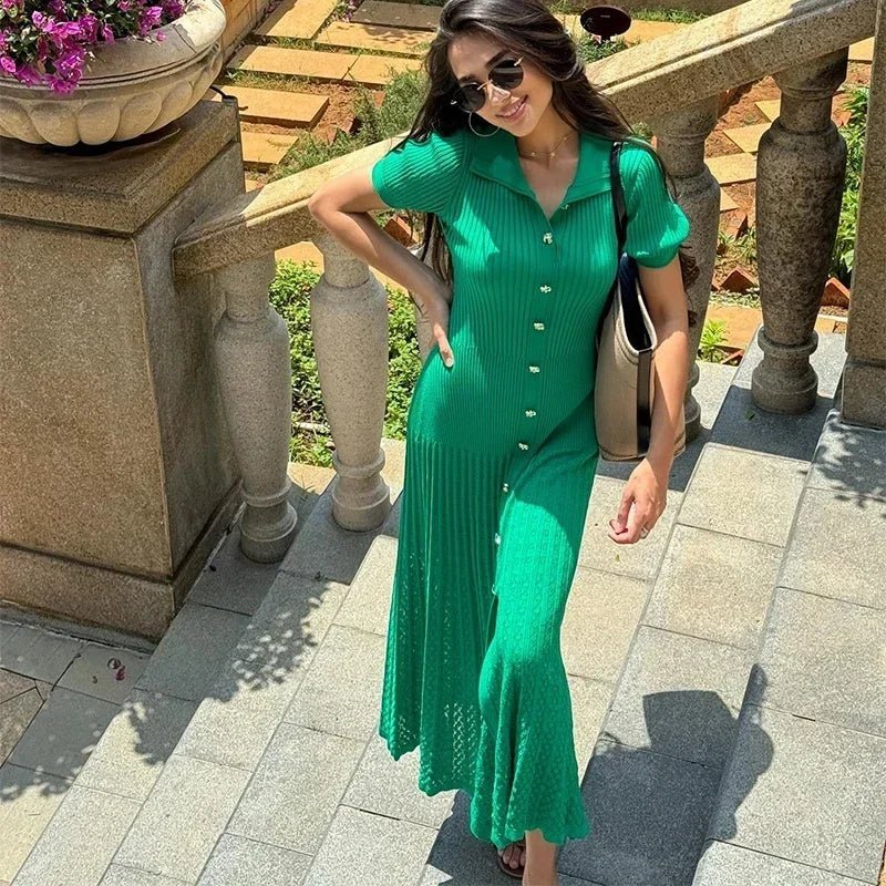 SOKYND Iris Turn - Down Collar Knit Maxi Dress DressGreen