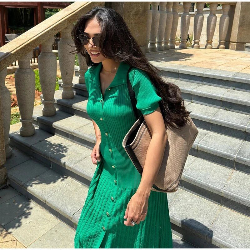 SOKYND Iris Turn - Down Collar Knit Maxi Dress DressGreen