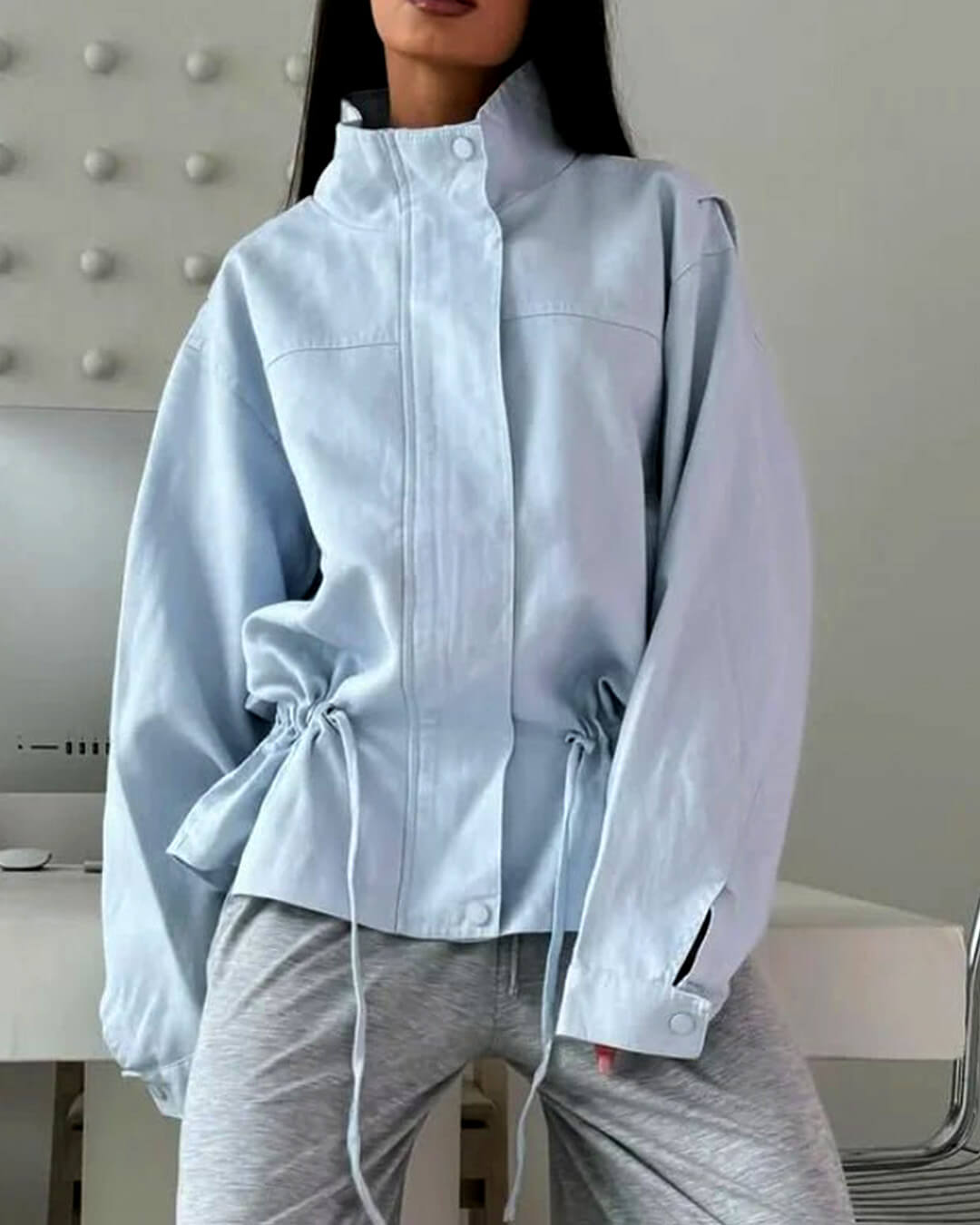 Joanna Drawstring Stand Collar Jacket in Blue