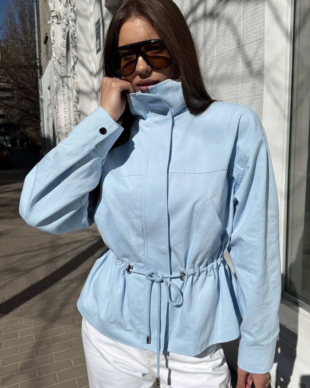 Joanna Drawstring Stand Collar Jacket in Blue