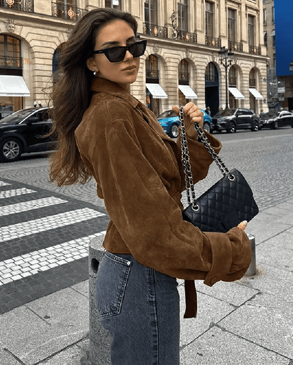 SOKYND Joanna Faux Suede Belted Wrap Jacket JacketSOKYND-270231-BRO-M-90455BrownM