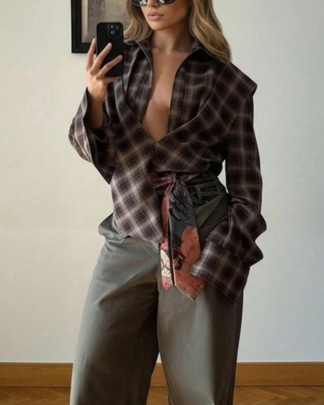 SOKYND Katie Plaid Cinched-Waist Polo TopSOKYND-262167-M-OS-81335M