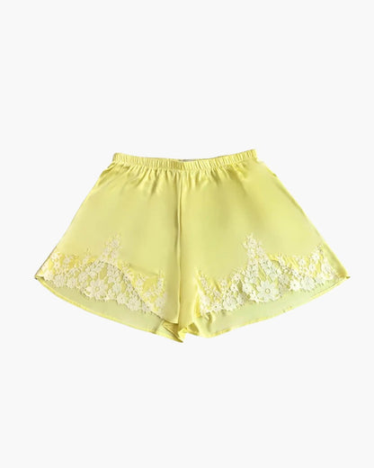 SOKYND Marigold Lace Patchwork Satin Shorts BottomsYellowL