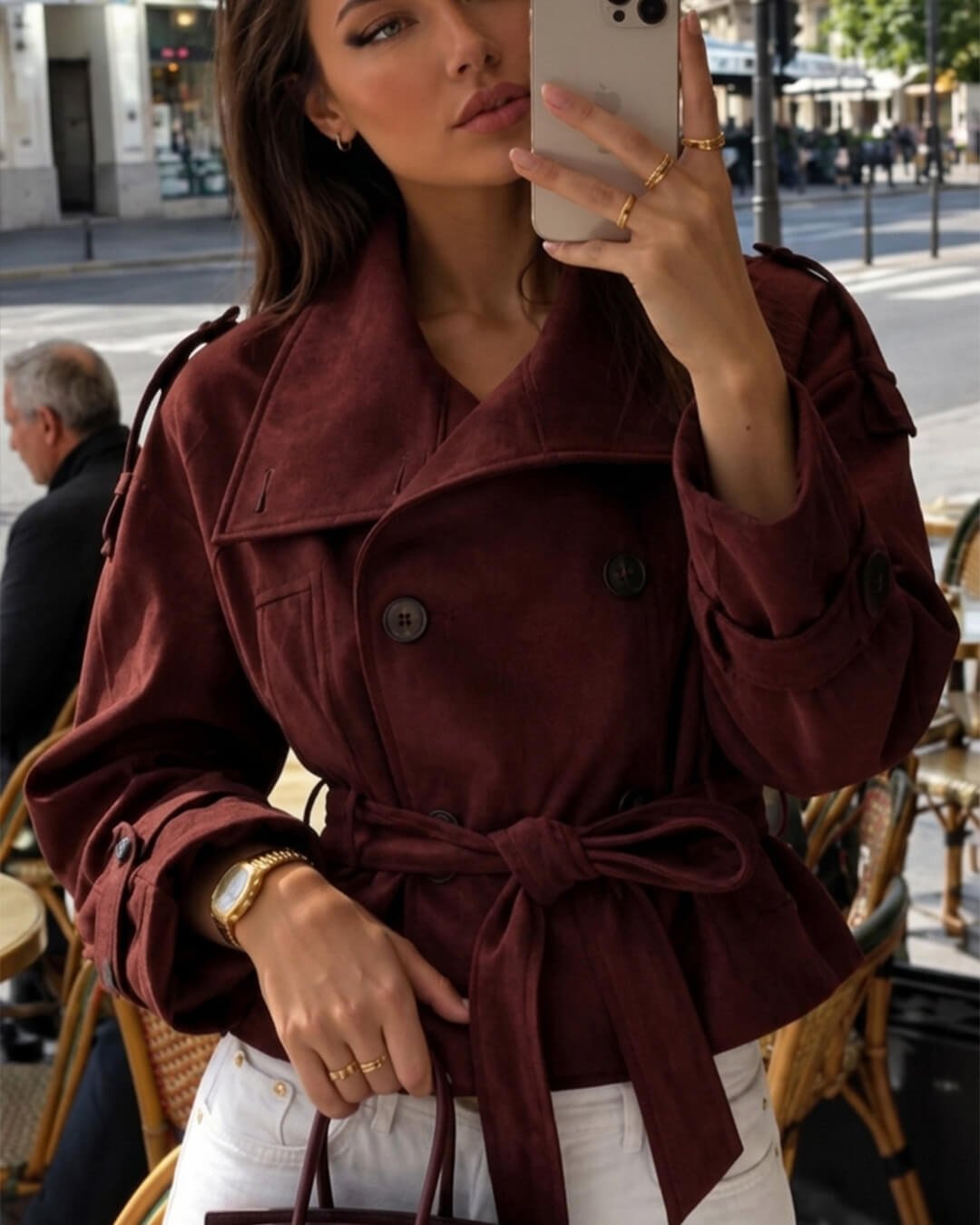 SOKYND Miriam Funnel Neck Faux Suede Belted Jacket JacketSOKYND-822743-BUR-XS-58583BurgundyXS