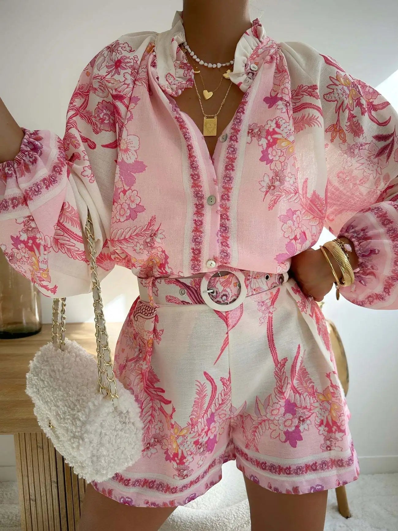 SOKYND Misty Floral Print Long Sleeve Shorts Set Matching Sets1005008984198283-;Ql1774905278707972816GreenS