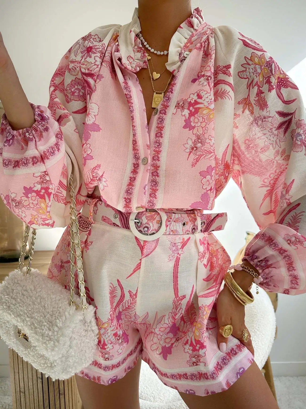 SOKYND Misty Floral Print Long Sleeve Shorts Set Matching Sets1005008984198283-;Ql1774905278707972816GreenS