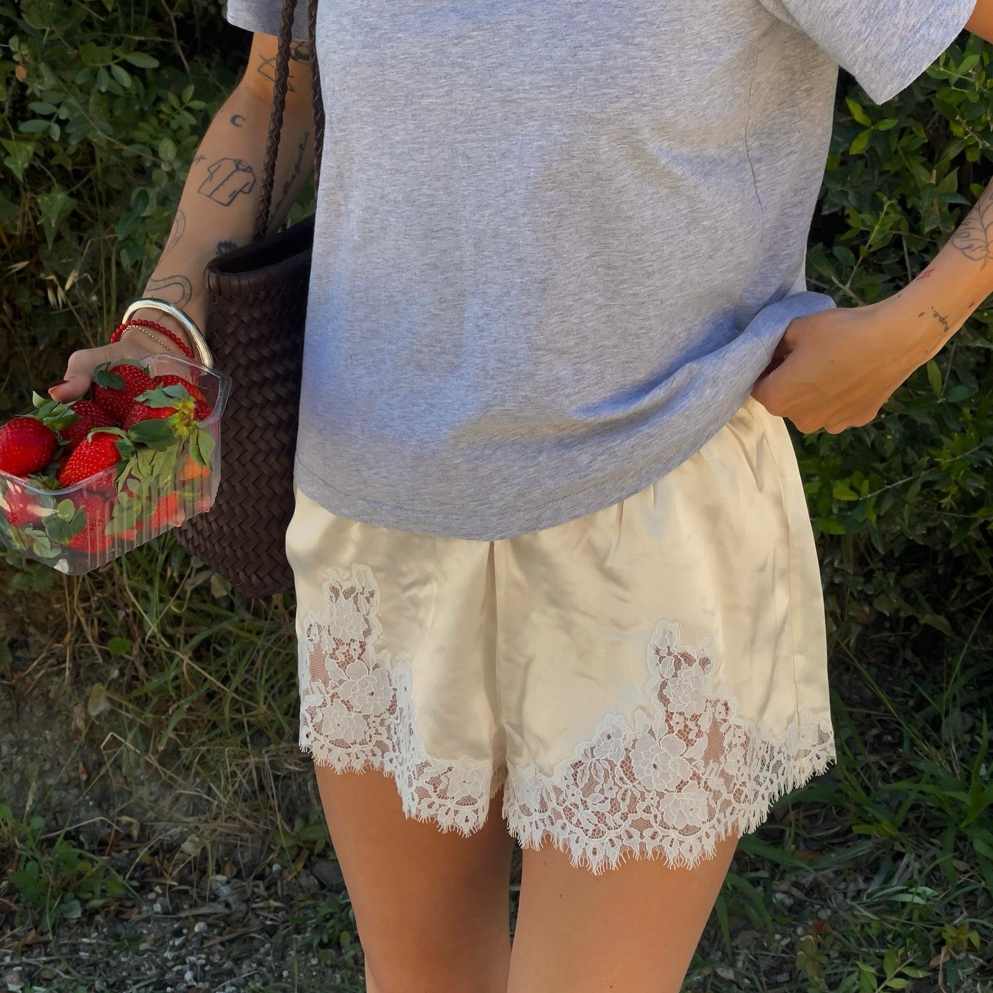 SOKYND Moira Satin Lounge Shorts BottomsBeigeS