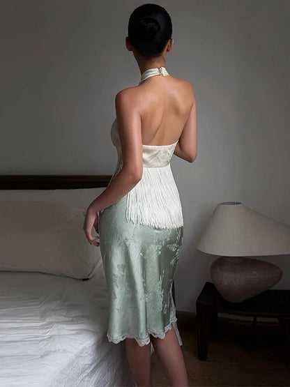 SOKYND Nadia Satin Fringed Halter Top TopSOKYND-674327-WHI-L-02615WhiteL