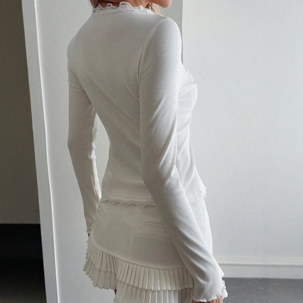 SOKYND Nora Ribbed Lace Trim V-Neck Blouse TopsSOKYND-521239-WHI-S-31351WhiteS
