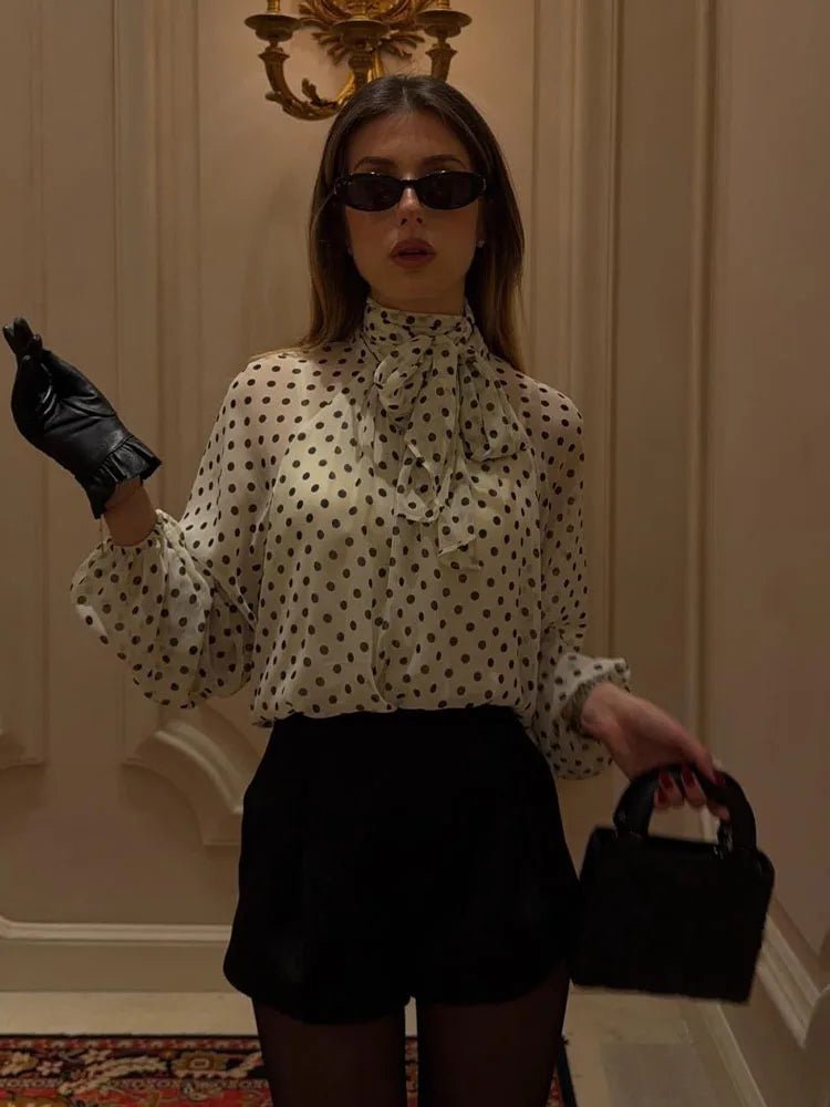 SOKYND Nyla High Collar Polka Dot Blouse TopsWhiteM