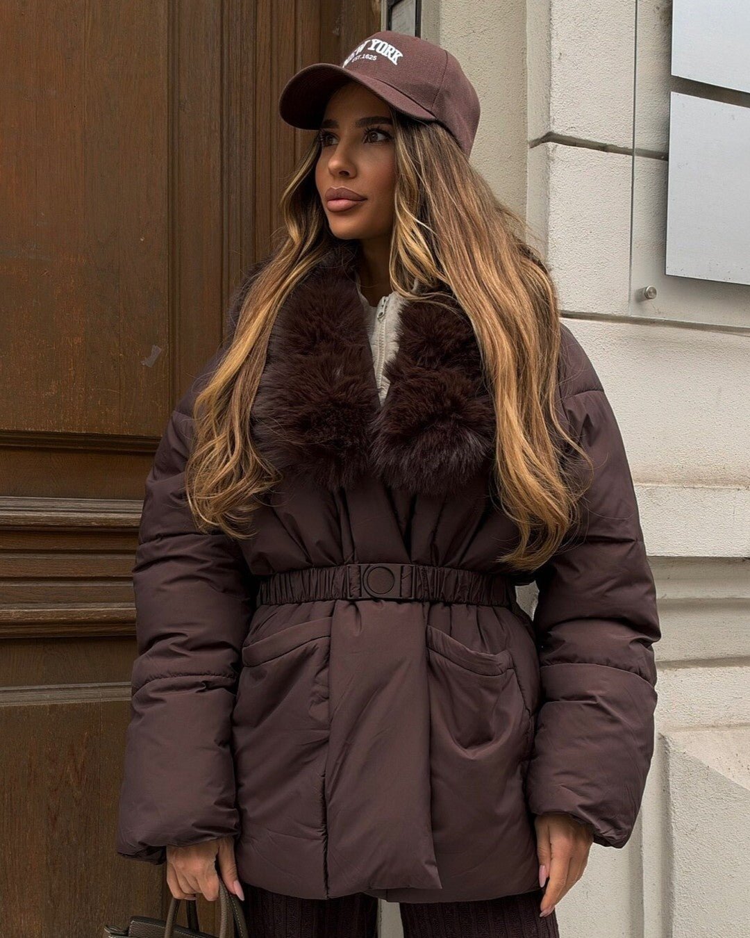 SOKYND Octavia Belted Faux Fur Collar Quilted Parka CoatSOKYND-235799-BRO-S-76855BrownS
