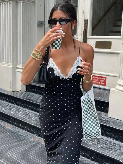 SOKYND Ophelia Lace Trim Polka Dot Dress DressBlackS