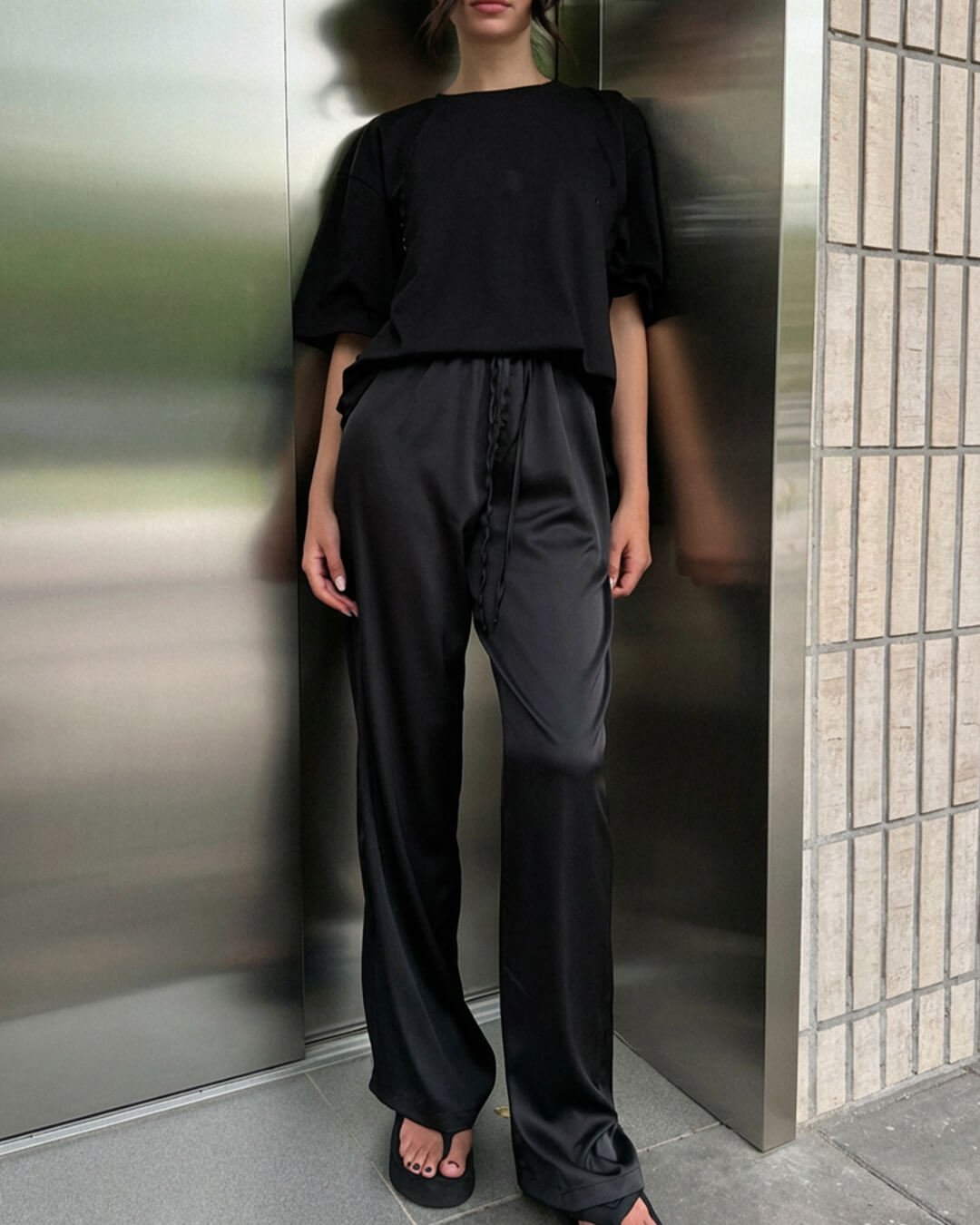 SOKYND Paige High Waist Satin Wide Leg Trousers BottomsBlackS