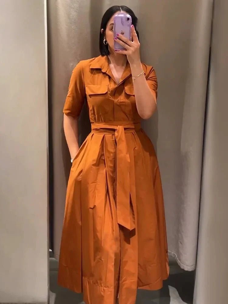 SOKYND Paloma Belted Shirt Midi Dress DressBrownXS