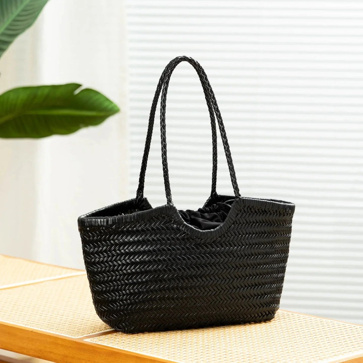 SOKYND Petra Handwoven Leather Tote Bag BagsBlackL
