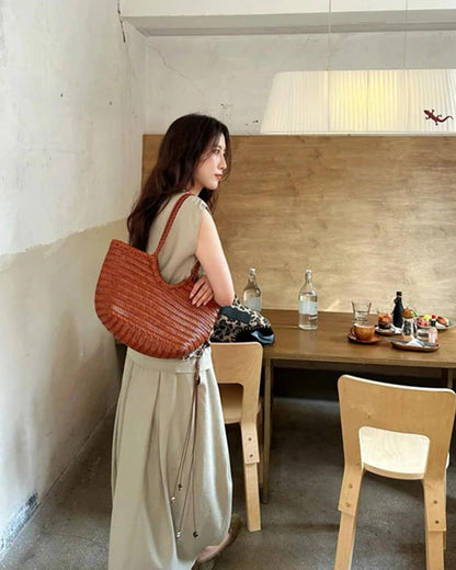 SOKYND Petra Handwoven Leather Tote Bag BagsBrownL