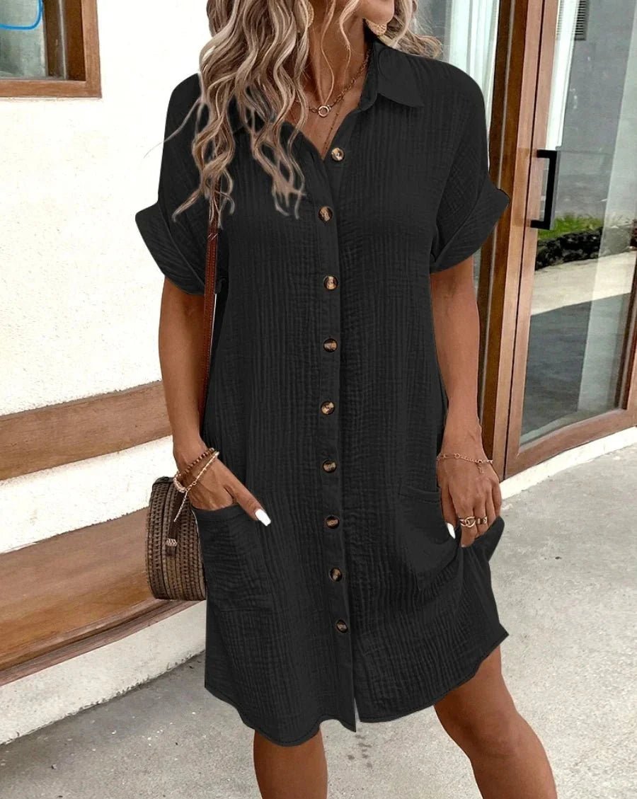 SOKYND Polina Cotton Linen V - Neck Mini Dress DressBlackS