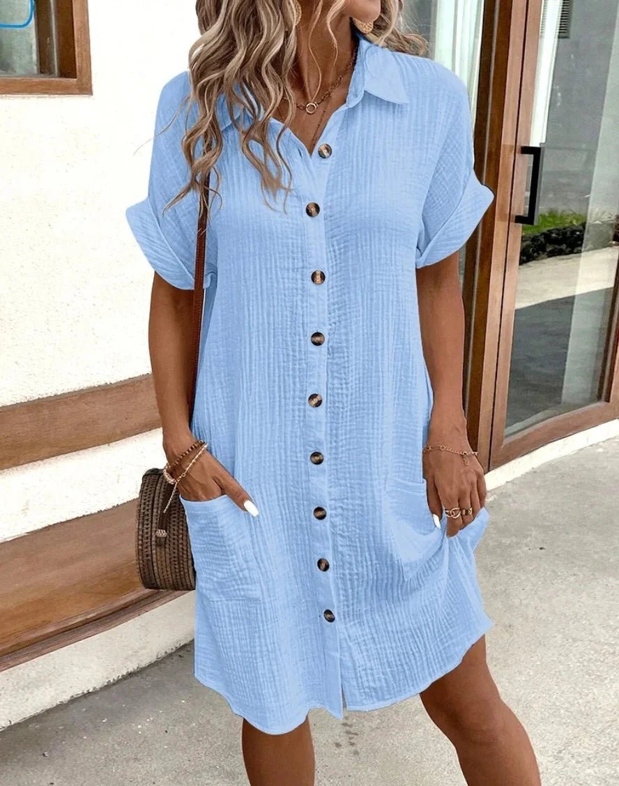 SOKYND Polina Cotton Linen V - Neck Mini Dress DressBlueS