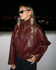 Rose Funnel Neck Faux Leather Biker Jacket