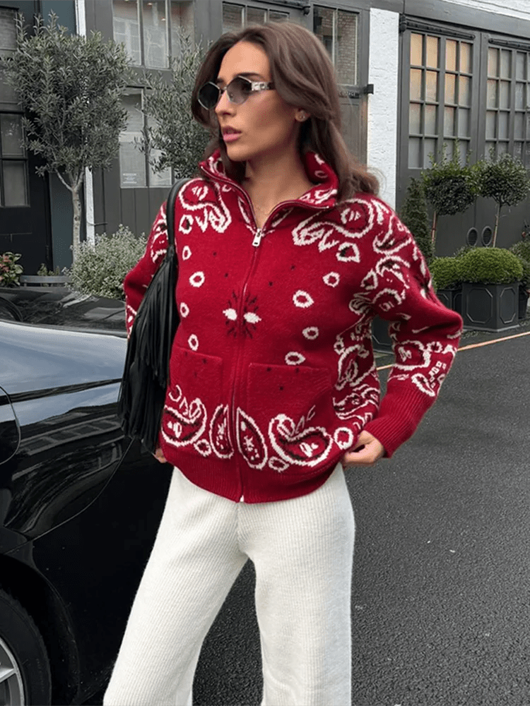 SOKYND Ruth Paisley Zip-Up Knit Jacket JacketSOKYND-675863-BUR-S-47415RedS
