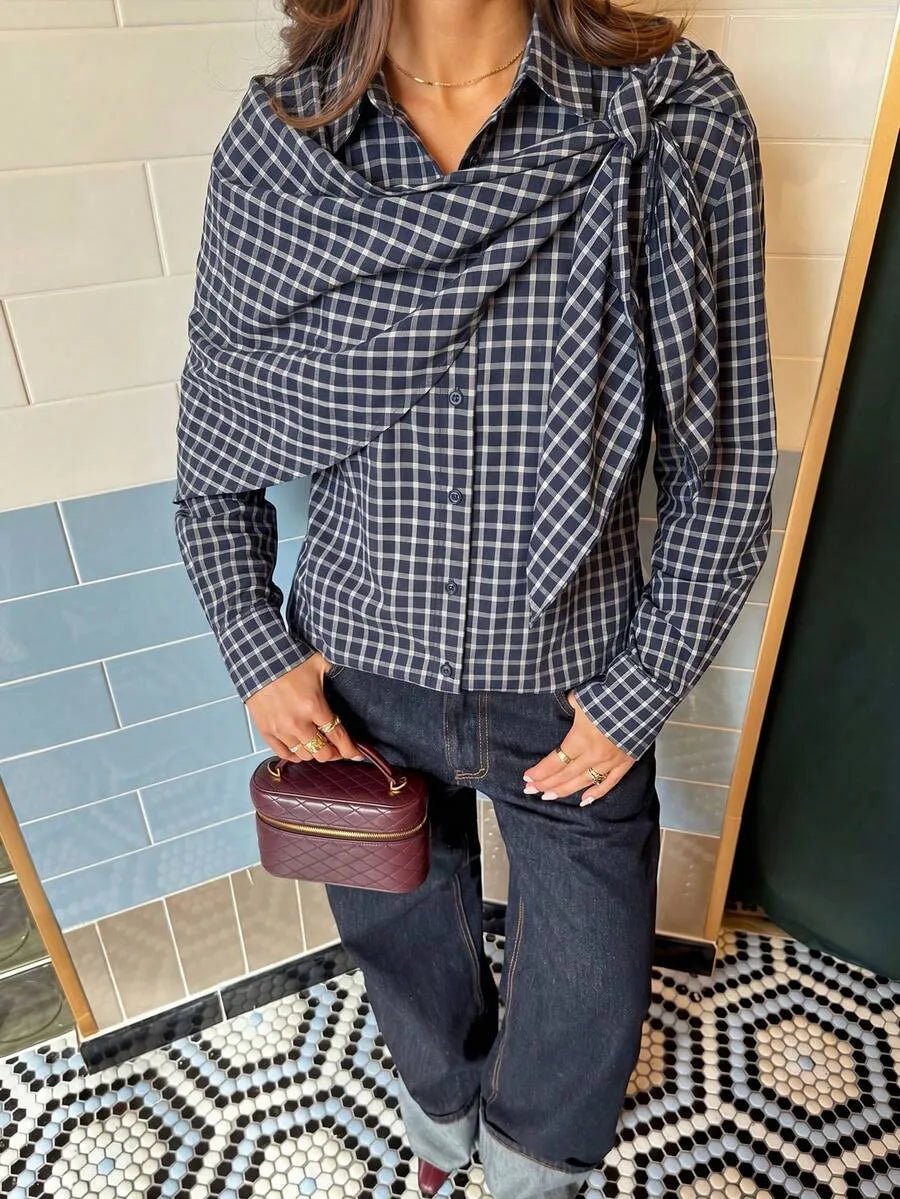 SOKYND Sabrina Plaid Scarf-Tie Shirt BlouseSOKYND-228247-NAV-S-16983NavyS