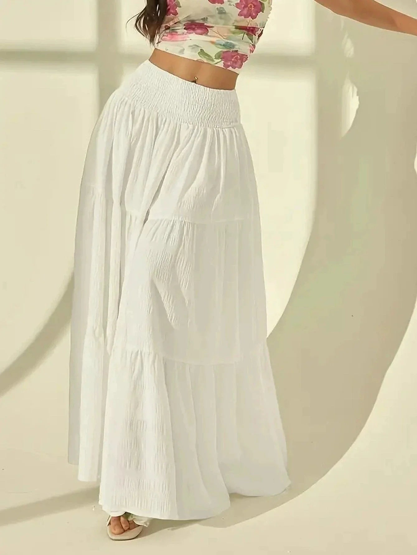 SOKYND Sienna Tiered Maxi Skirt Elastic Waist BottomsWhiteS