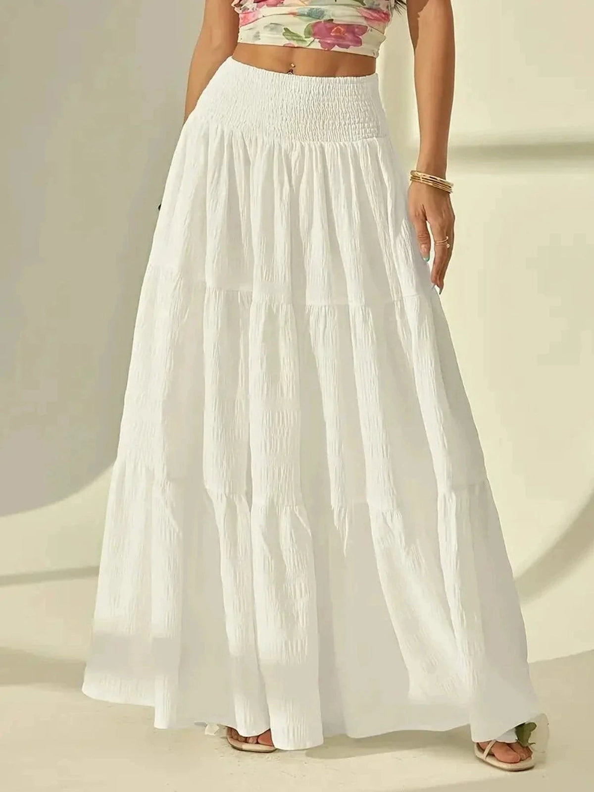 SOKYND Sienna Tiered Maxi Skirt Elastic Waist BottomsWhiteS