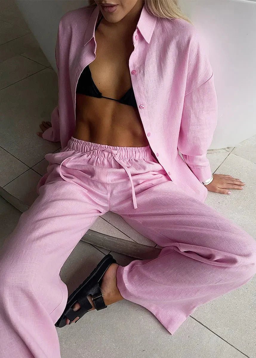 SOKYND Simona Cotton Lounge Set Button - Up Wide Pants Matching SetsM