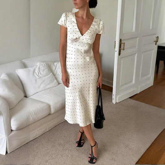 SOKYND Vera Printed Satin Midi Dress DressesEQ1772777205905896257White Polka DotsS