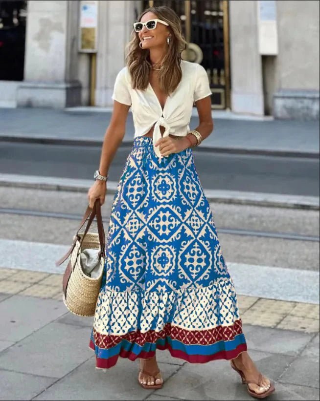 SOKYND Vianne Boho Printed Midi Swing Skirt SkirtBlueS