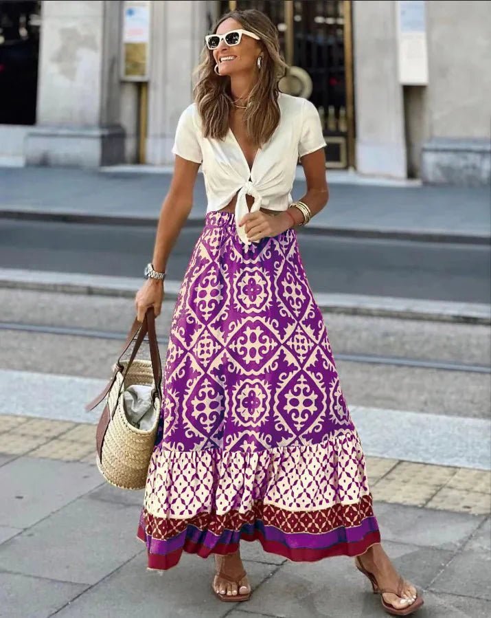 SOKYND Vianne Boho Printed Midi Swing Skirt SkirtPurpleS
