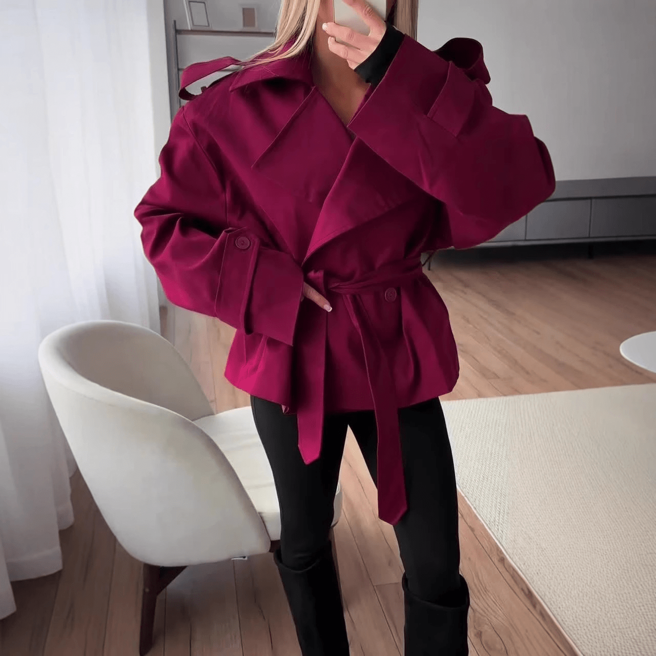 SOKYND Violy Belted Cropped Trench Coat Coats & JacketsWd1774219786681361310BurgundyXS