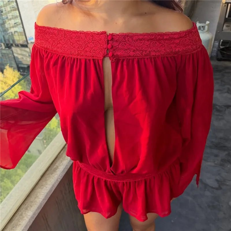 SOKYND Wilhelmina Off-Shoulder Chiffon Romper JumpsuitSOKYND-672151-RED-S-93559RedS