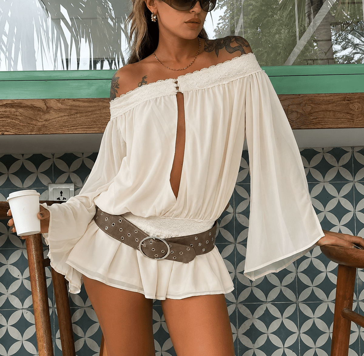 SOKYND Wilhelmina Off-Shoulder Chiffon Romper JumpsuitSOKYND-672151-WHI-M-31415WhiteM